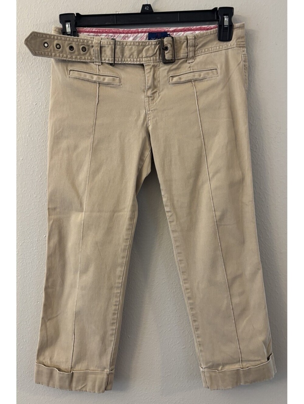 Vintage Hollister y2k Beige Cropped Khaki Capri Pants Belted Size 5